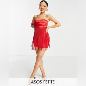 ASOS Design - Petite Cowl Bandeau Fringed Mini Dress in Red